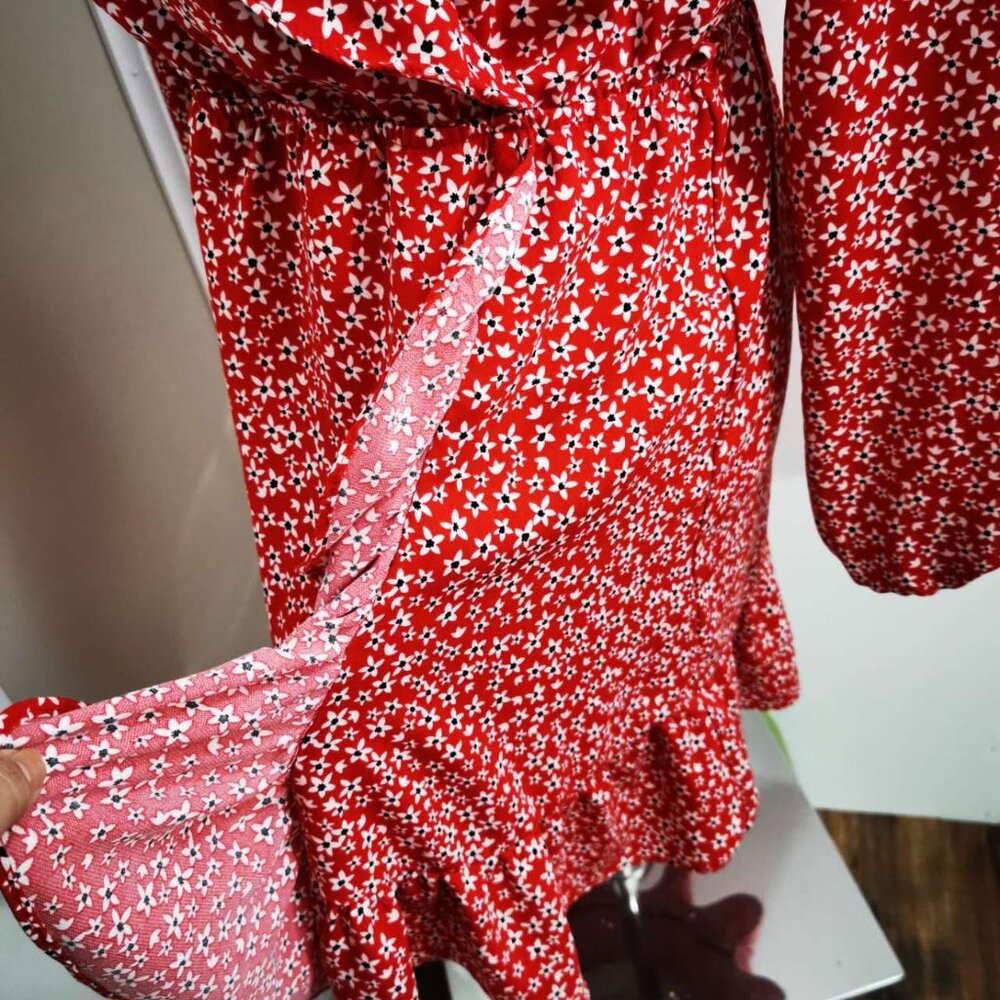 Dynamite Bright Red Floral Ruffle Wrap Long Sleeve Dress(M) - Picture 10 of 10